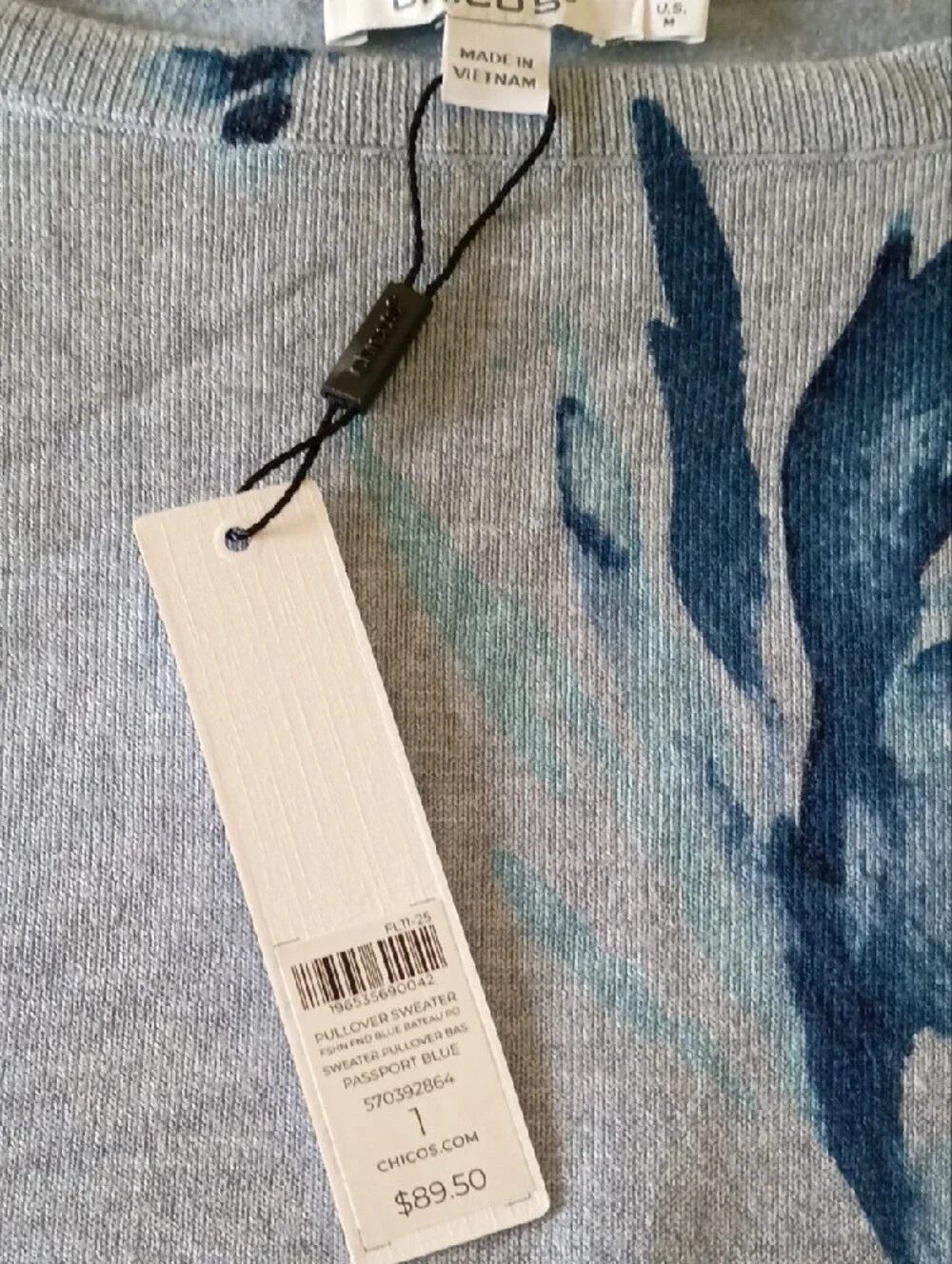 Chico's Light Blue Crewneck Sweater with Navy Botanical Print - NWT